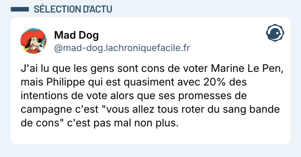Post vignette de @mad-dog disant "J'ai lu que les gens sont cons de voter Marine Le Pen, mais Philippe qui est quasiment avec 20% des intentions de vote alors que ses promesses de campagne c'est "vous allez tous roter du sang bande de cons" c'est pas mal non plus."