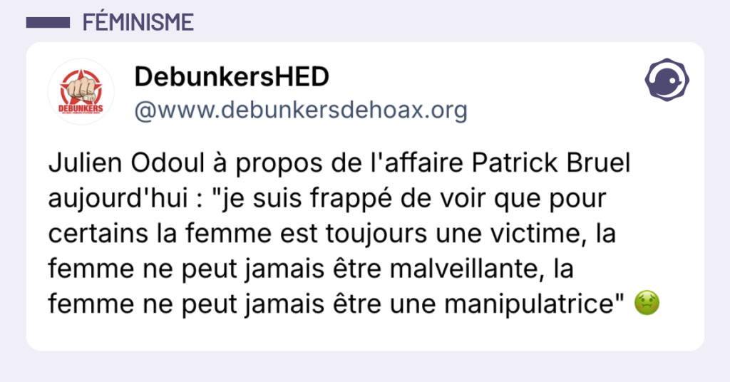Post vignette de @debunkersdehoax disant "Julien Odoul &agrave; propos de l'affaire Patrick Bruel aujourd'hui : "je suis frapp&eacute; de voir que pour certains la femme est toujours une victime, la femme ne peut jamais &ecirc;tre malveillante, la femme ne peut jamais &ecirc;tre une manipulatrice"