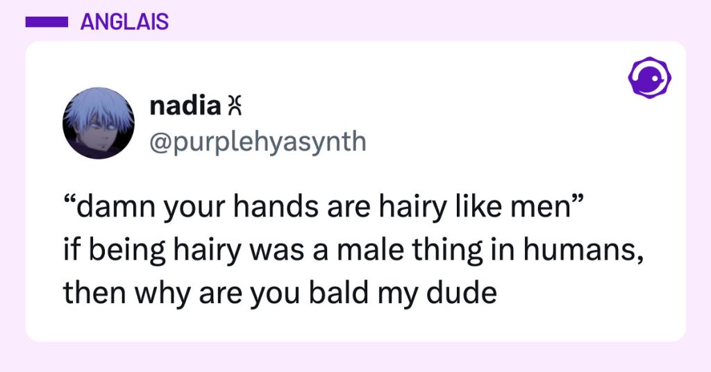 Tweet de @purplehyasynth : "“damn your hands are hairy like men” if being hairy was a male thing in humans, then why are you bald my dude"