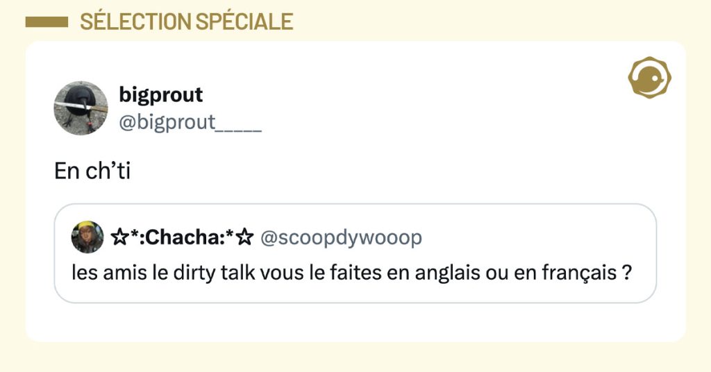 @scoopdywoop tweete "les amis le dirty talk vous le faites en anglais ou en français ?" et @brigprout_____ répond : "en ch'ti".