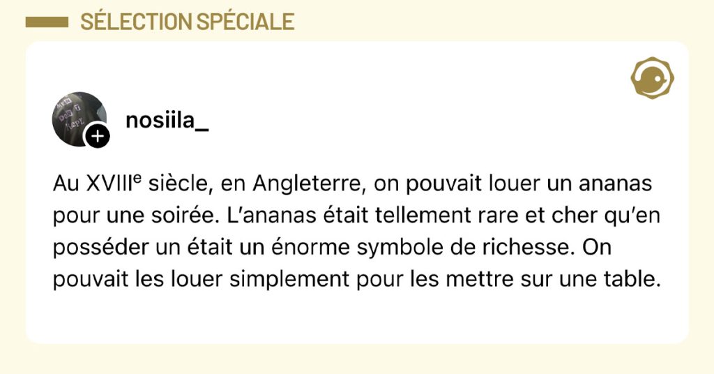 Post de @nosiila_ : "Au XVIIIᵉ si&egrave;cle, en Angleterre, on pouvait louer un ananas pour une soir&eacute;e. L&rsquo;ananas &eacute;tait tellement rare et cher qu&rsquo;en poss&eacute;der un &eacute;tait un &eacute;norme symbole de richesse. On pouvait les louer simplement pour les mettre sur une table."