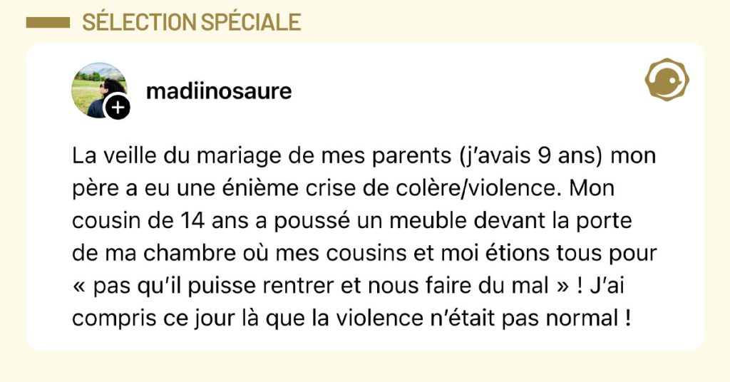 Post de @madiinosaure : "La veille du mariage de mes parents (j’avais 9 ans) mon père a eu une énième crise de colère/violence. Mon cousin de 14 ans a poussé un meuble devant la porte de ma chambre où mes cousins et moi étions tous pour « pas qu’il puisse rentrer et nous faire du mal » ! J’ai compris ce jour là que la violence n’était pas normal !"