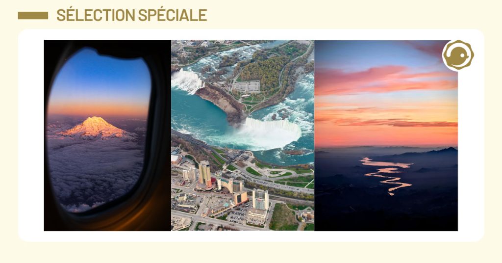 Trois belles photos prises depuis un avion, respecticement du mont Fuji, des chutes du Niagara et du fleuve Colorado.