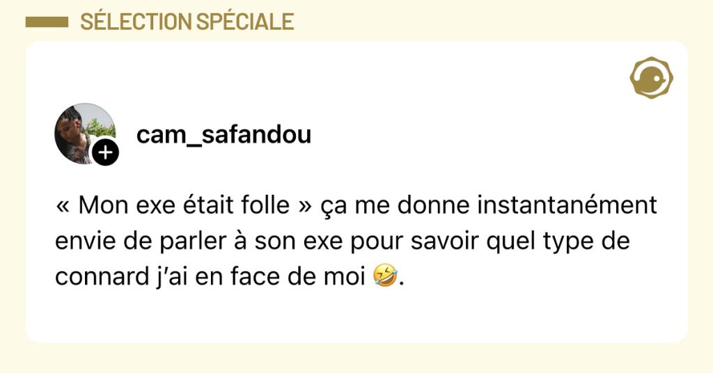 Post de @cam_safandou : "« Mon exe était folle » ça me donne instantanément envie de parler à son exe pour savoir quel type de connard j’ai en face de moi 🤣."