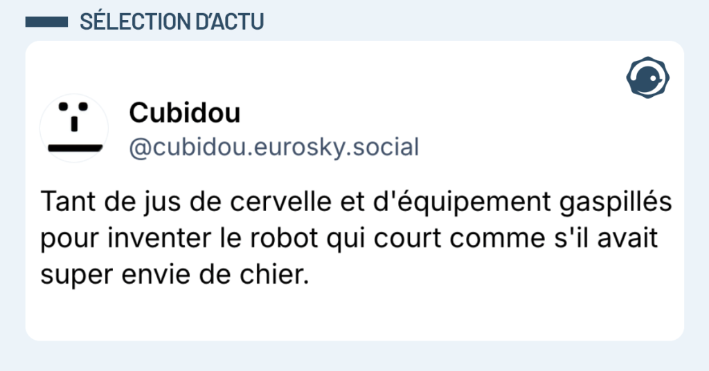 Post vignette de @cubidou disant "Tant de jus de cervelle et d'&eacute;quipement gaspill&eacute;s pour inventer le robot qui court comme s'il avait super envie de chier."