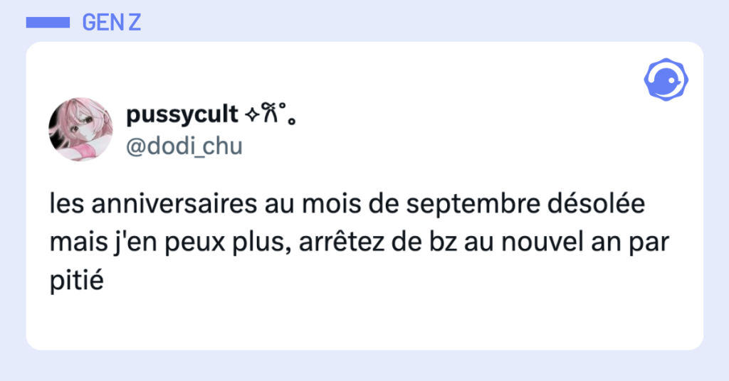 Post vignette de @dodi_chu disant "les anniversaires au mois de septembre d&eacute;sol&eacute;e mais j'en peux plus, arr&ecirc;tez de bz au nouvel an par piti&eacute;"