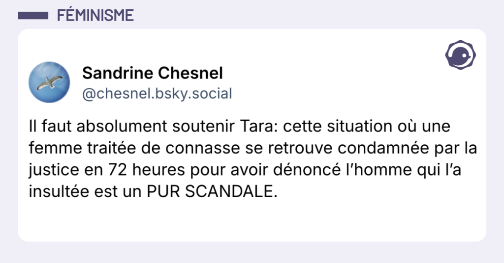 Post vignette de @chesnel disant "Il faut absolument soutenir Tara: cette situation où une femme traitée de connasse se retrouve condamnée par la justice en 72 heures pour avoir dénoncé l’homme qui l’a insultée est un PUR SCANDALE."