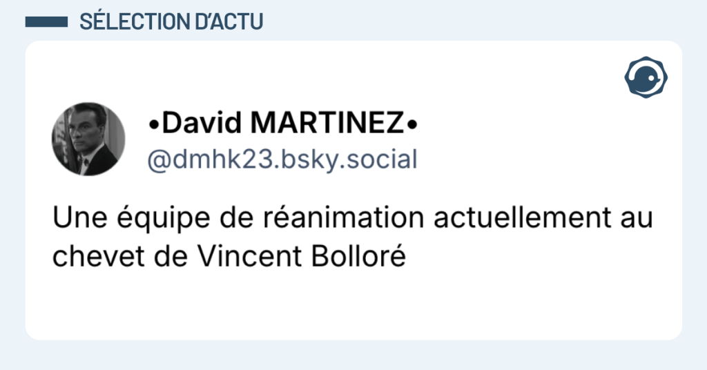Post vignette de @dmhk23 disant "Une équipe de réanimation actuellement au chevet de Vincent Bolloré"
