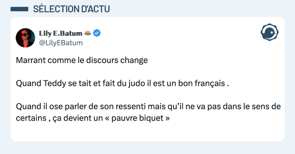 Post vignette de @LilyEBatum disant "Marrant comme le discours change Quand Teddy se tait et fait du judo il est un bon fran&ccedil;ais . Quand il ose parler de son ressenti mais qu&rsquo;il ne va pas dans le sens de certains , &ccedil;a devient un &laquo; pauvre biquet &raquo; "