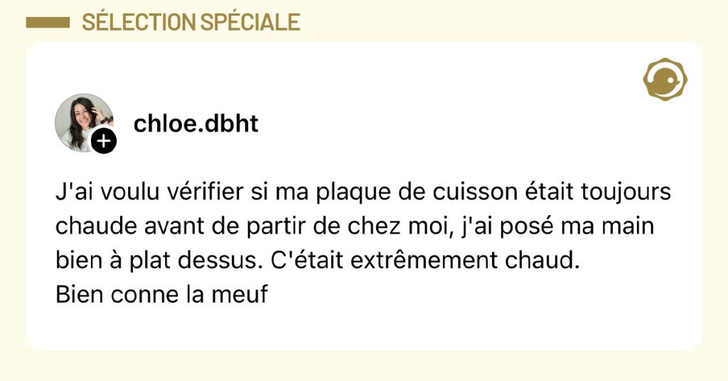 Post de @chloe.dbht : "J'ai voulu vérifier si ma plaque de cuisson était toujours chaude avant de partir de chez moi, j'ai posé ma main bien à plat dessus. C'était extrêmement chaud. Bien conne la meuf"