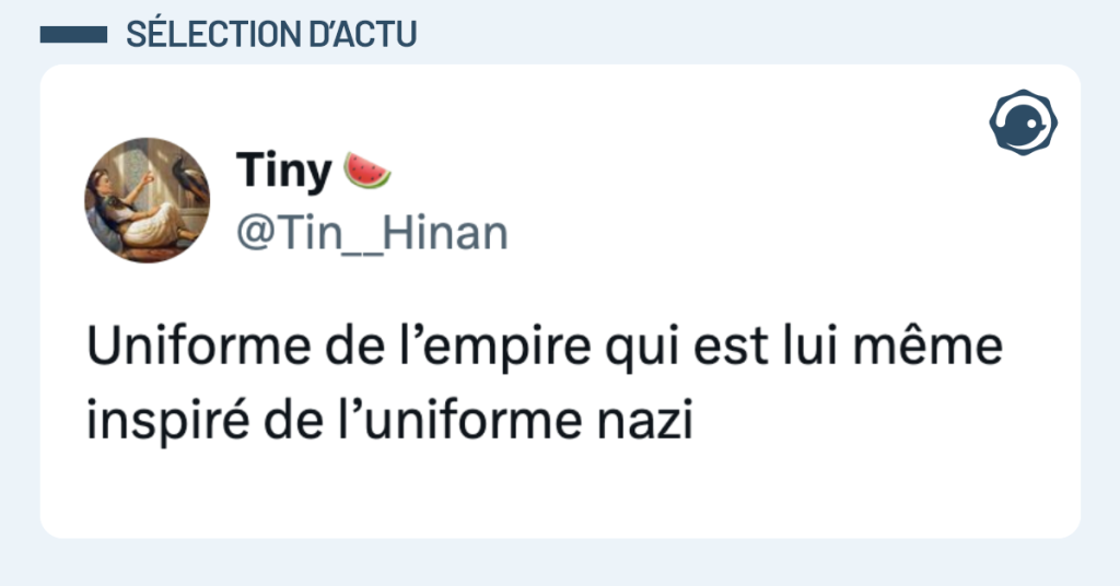 Post vignette de @Tin__Hinan disant "Uniforme de l&rsquo;empire qui est lui m&ecirc;me inspir&eacute; de l&rsquo;uniforme nazi"