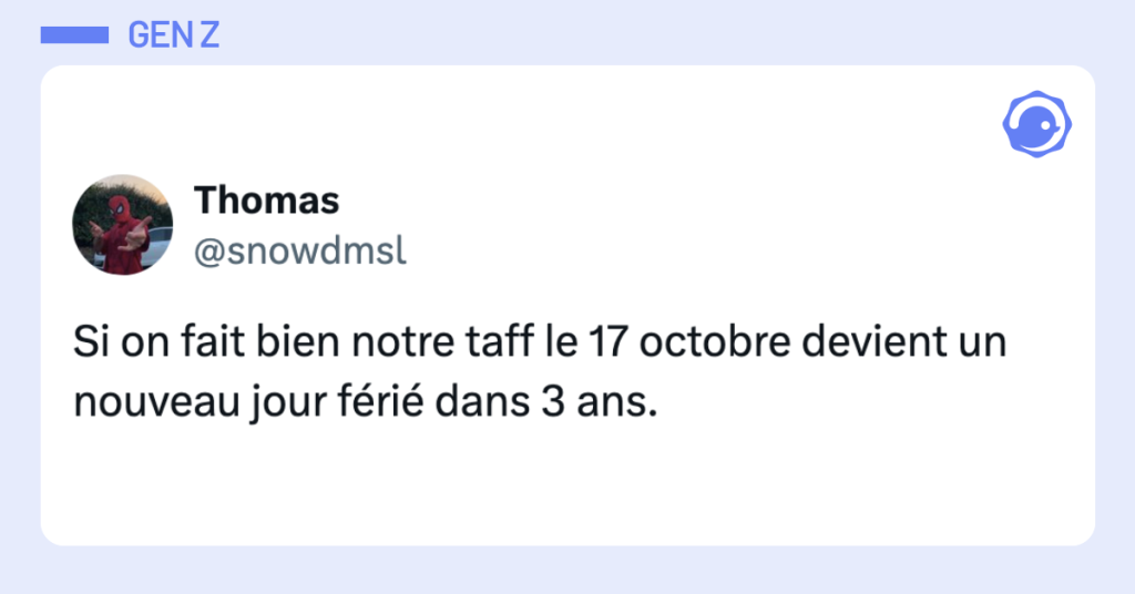 Post vignette de @snowdmsl disant "Si on fait bien notre taff le 17 octobre devient un nouveau jour férié dans 3 ans."