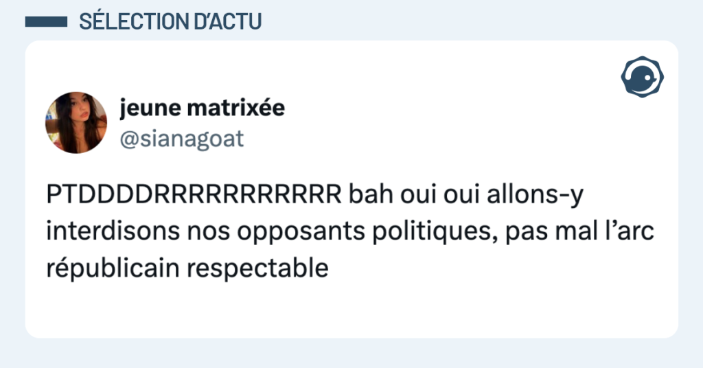 Post vignette de @sianagoat disant "PTDDDDRRRRRRRRRRR bah oui oui allons-y interdisons nos opposants politiques, pas mal l’arc républicain respectable"