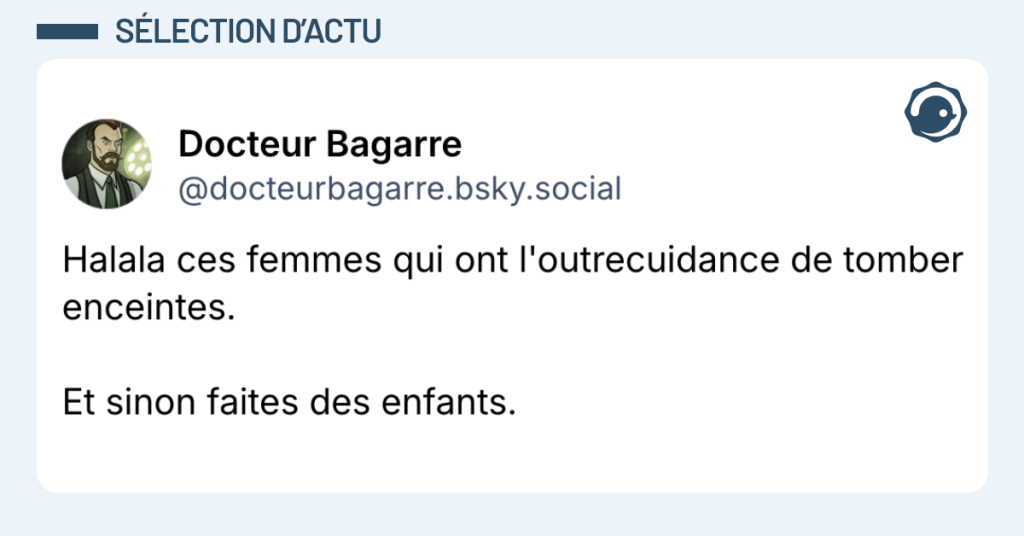 Post vignette de @docteurbagarre disant "Halala ces femmes qui ont l'outrecuidance de tomber enceintes. Et sinon faites des enfants."