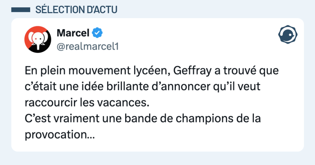 Post vignette de @realmarcel1 disant "En plein mouvement lyc&eacute;en, Geffray a trouv&eacute; que c&rsquo;&eacute;tait une id&eacute;e brillante d&rsquo;annoncer qu&rsquo;il veut raccourcir les vacances. C&rsquo;est vraiment une bande de champions de la provocation&hellip;"