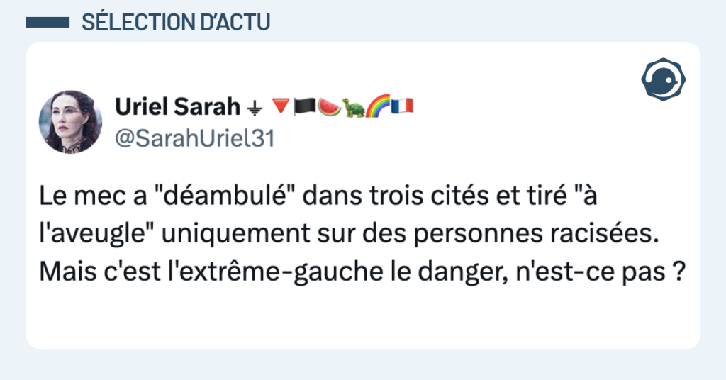 Post vignette de @SarahUriel31 disant "Le mec a "déambulé" dans trois cités et tiré "à l'aveugle" uniquement sur des personnes racisées. Mais c'est l'extrême-gauche le danger, n'est-ce pas ?"