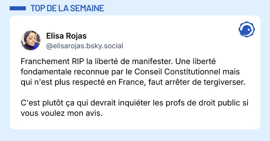 Post de @elisarojas.bsky.social : "Franchement RIP la libert&eacute; de manifester. Une libert&eacute; fondamentale reconnue par le Conseil Constitutionnel mais qui n'est plus respect&eacute; en France, faut arr&ecirc;ter de tergiverser. C'est plut&ocirc;t &ccedil;a qui devrait inqui&eacute;ter les profs de droit public si vous voulez mon avis."