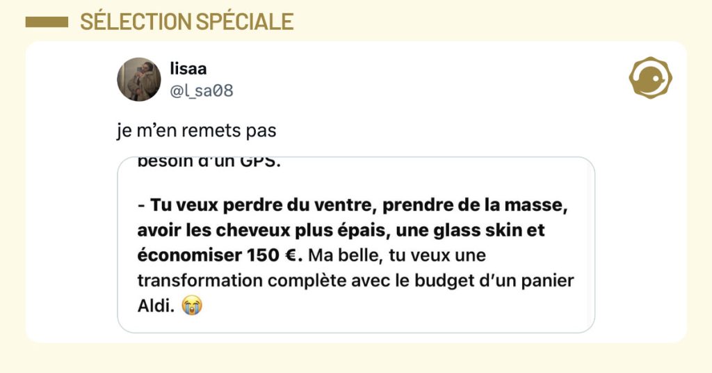@l_sa08 poste "je m’en remets pas" avec un screen de ChatGPT qui lui dit "tu veux perdre du ventre, prendre de la masse, avoir les cheveux plus épais, une glass skin et économiser 150 euros. Ma belle, tu veux une transformation complète avec le budget d'un panier Aldi."