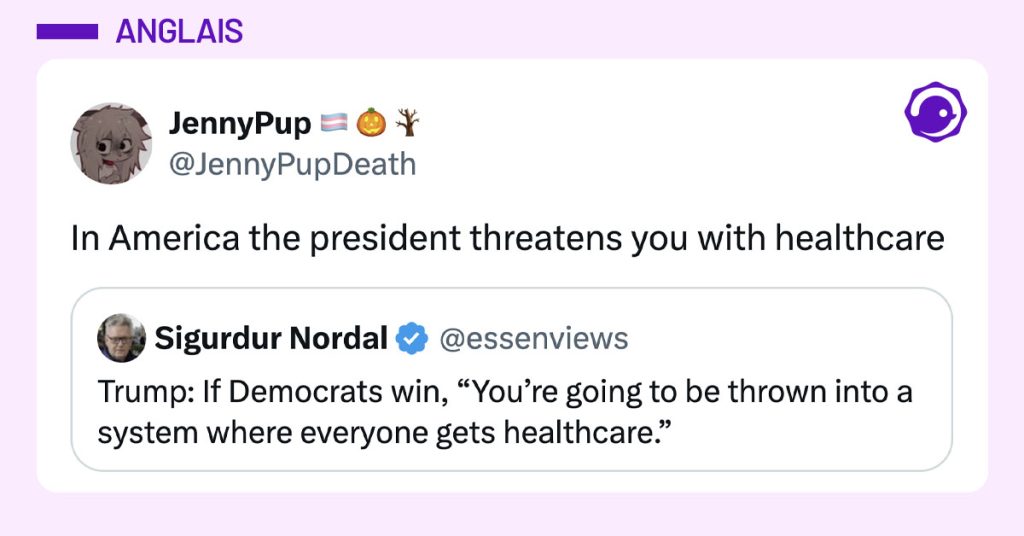 @essenviews poste "Trump: If Democrats win, &ldquo;You&rsquo;re going to be thrown into a system where everyone gets healthcare.&rdquo;" et @JennyPupDeath commente "In America the president threatens you with healthcare"