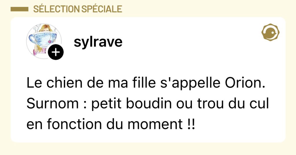 Post de @sylrave : "Le chien de ma fille s'appelle Orion. Surnom : petit boudin ou trou du cul en fonction du moment !!"