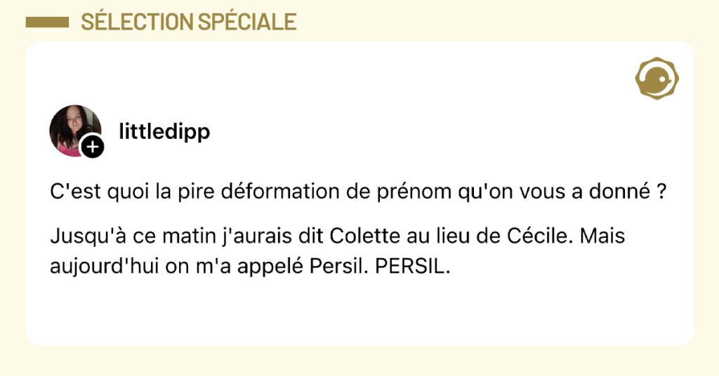 Post de @littledipp : "C'est quoi la pire déformation de prénom qu'on vous a donné ? Jusqu'à ce matin j'aurais dit Colette au lieu de Cécile. Mais aujourd'hui on m'a appelé Persil. PERSIL."