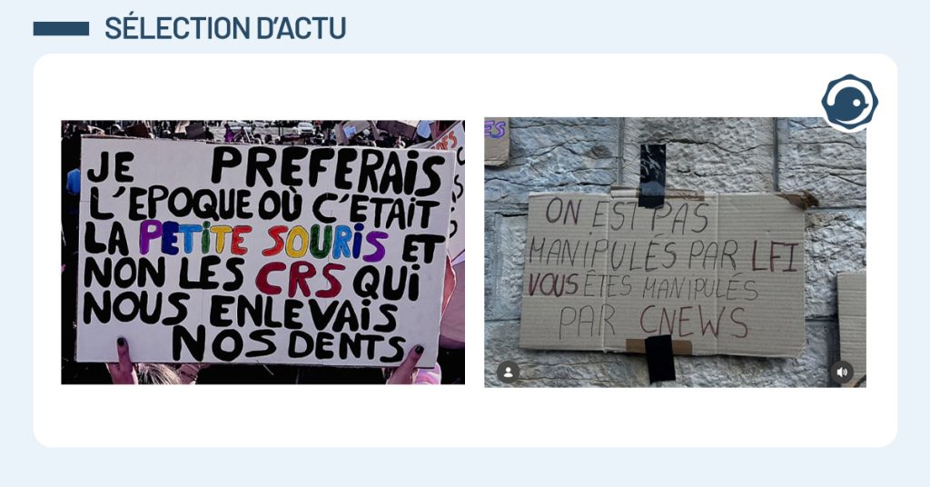 Deux images c&ocirc;te &agrave; c&ocirc;te, la premi&egrave;re disant "je pr&eacute;f&eacute;rais l'&eacute;poque o&ugrave; c'&eacute;tait la petite souris et non les CRS qui nous enlevaient nos dents" et la seconde "on n'est pas manipul&eacute;s par LFI, vous &ecirc;tes manipul&eacute;s pr CNews".