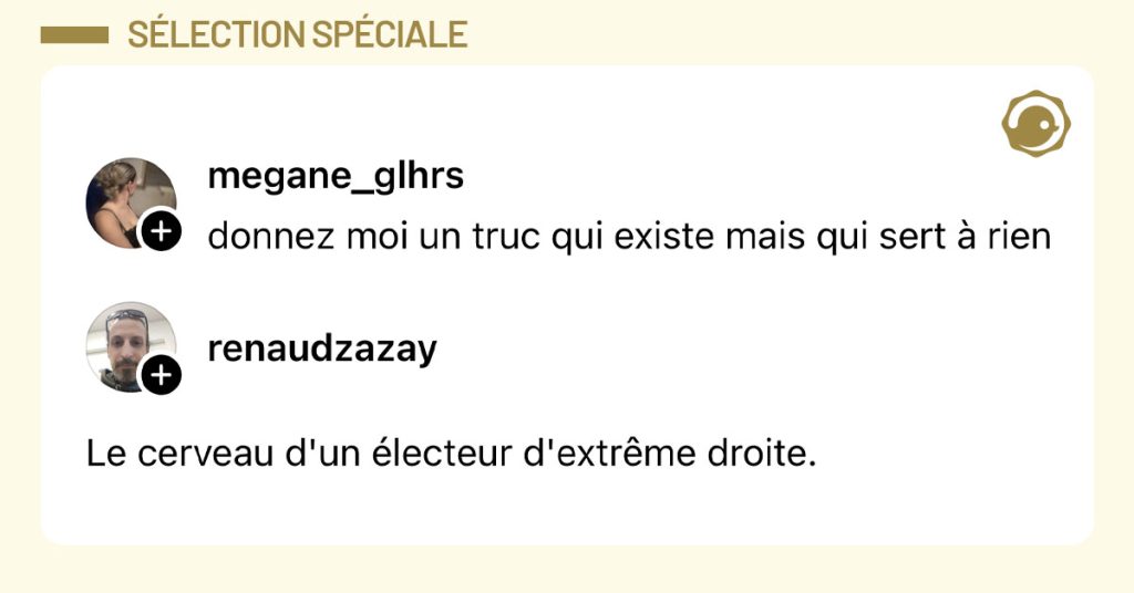 @megane_glhrs poste "donnez moi un truc qui existe mais qui sert &agrave; rien" et @renaudzazay r&eacute;pond "Le cerveau d'un &eacute;lecteur d'extr&ecirc;me droite."